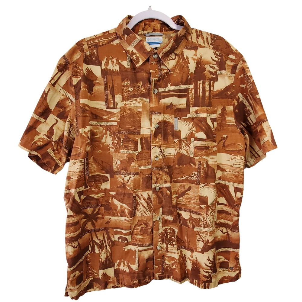 Columbia Mens Large AM7934 Wildlife Nature Print Cotton Ripstop SS Button Shirt